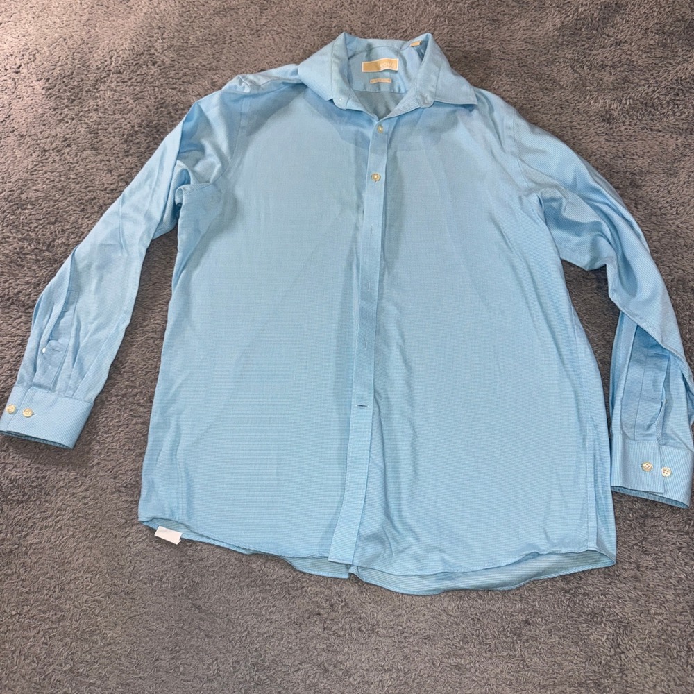 Michael Kors Dress Shirt Men 16.5 34/35 Light Blue Non Iron Micro Check Business